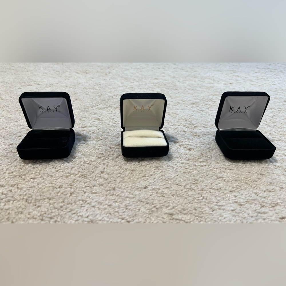 Three gently used velvet Kay Jewelers ring boxes